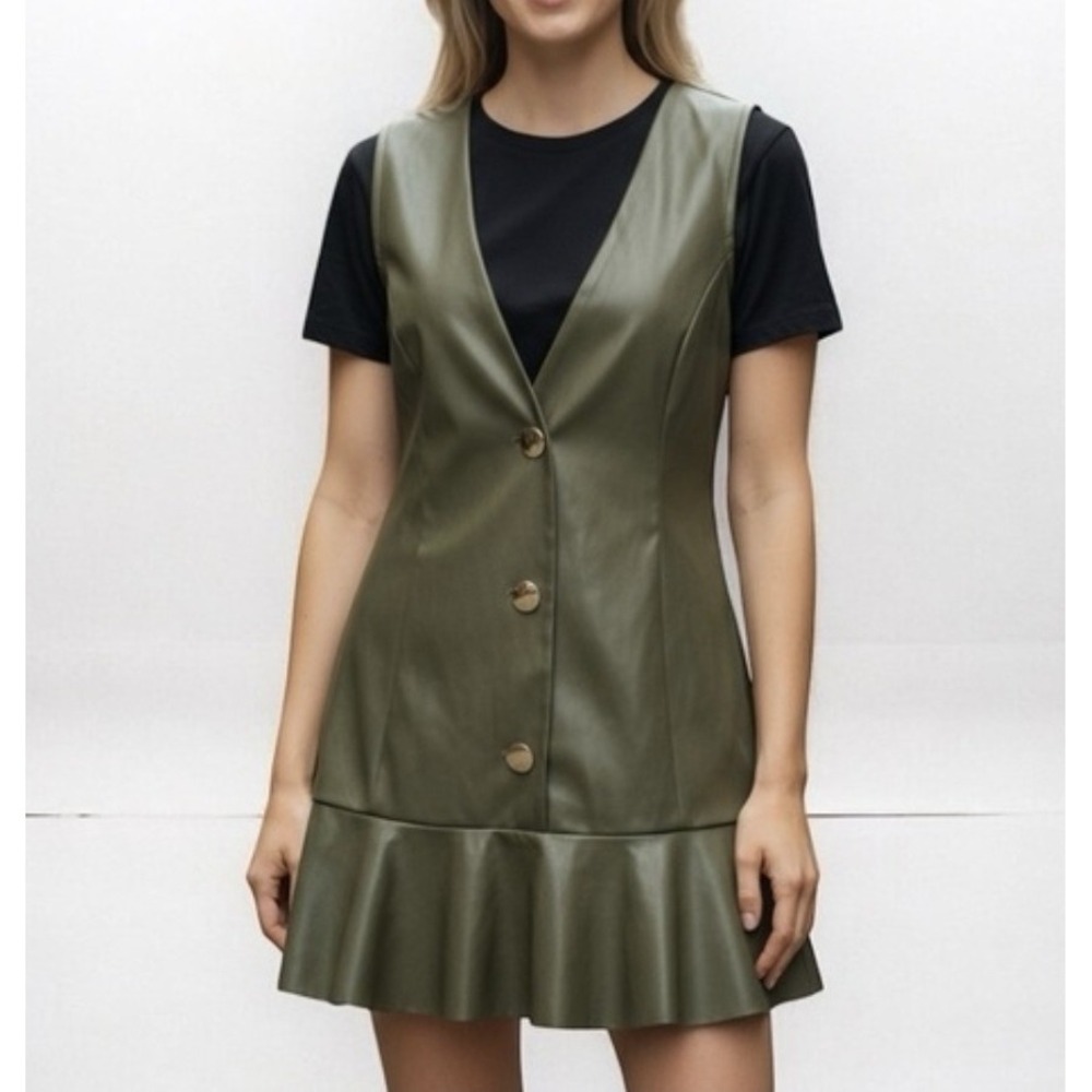 ZARA Olive Faux Leather Mini Dress XS V Neck Button Front Flounce Hem NWT